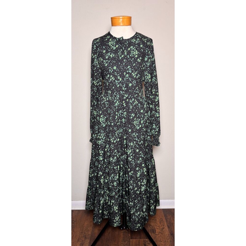 Aly Daly Floral Tiered Maxi Dress Black Green Smocked Tiered Long Sleeve M Boho - Picture 3 of 10